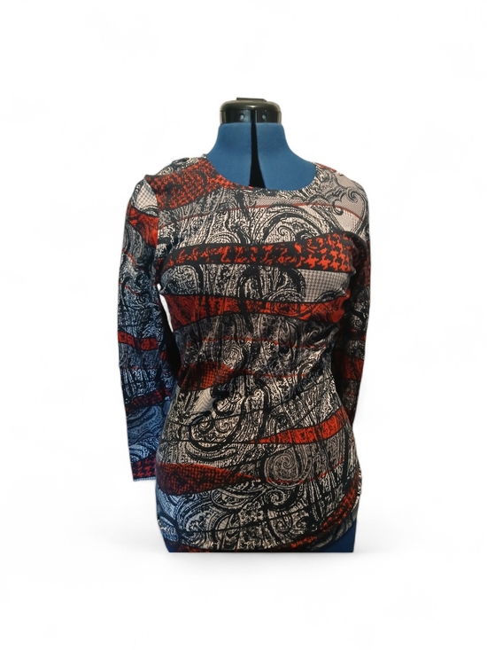 Hannah Tops - Hannah Red and Black Paisley-Stripe Long Sleeve Top
